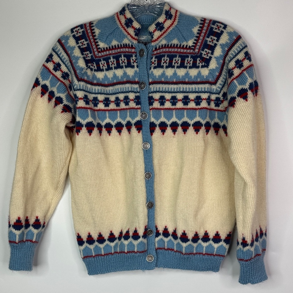 Vintage Fair Isle Blue Cream Knit Button Cardigan Sweater Size XS/S